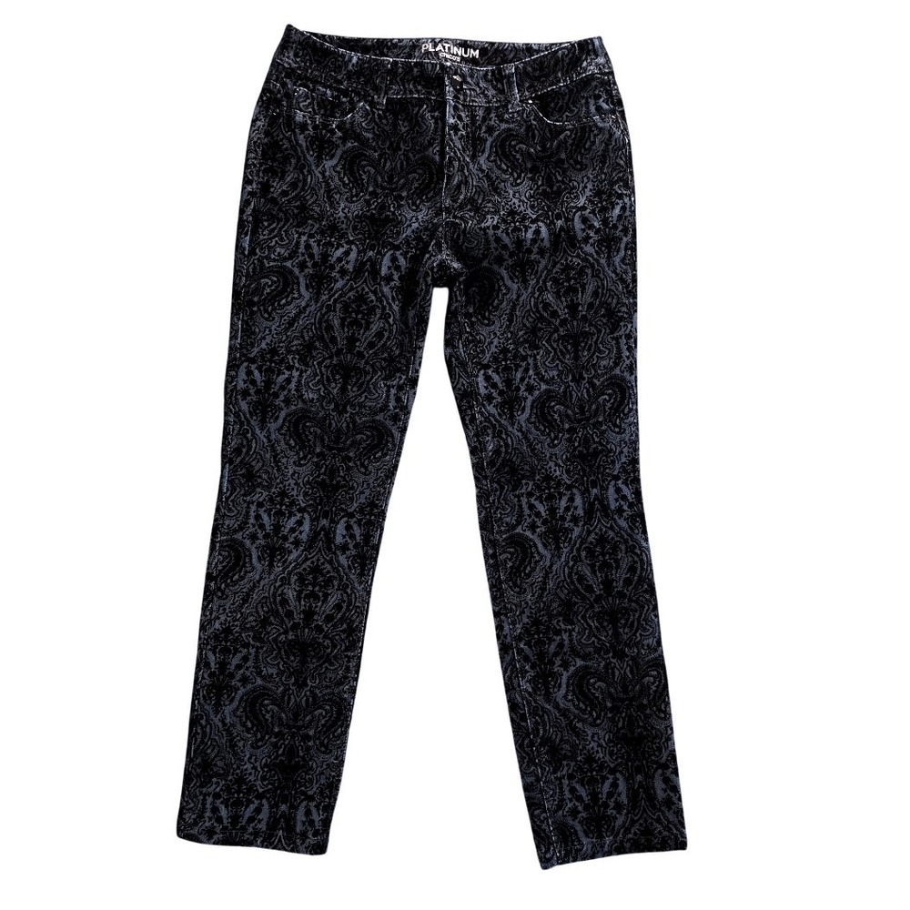 Chicos Platinum Denim Jeans Womens 0 Blue Black Velvet Flocked Damask Paisley